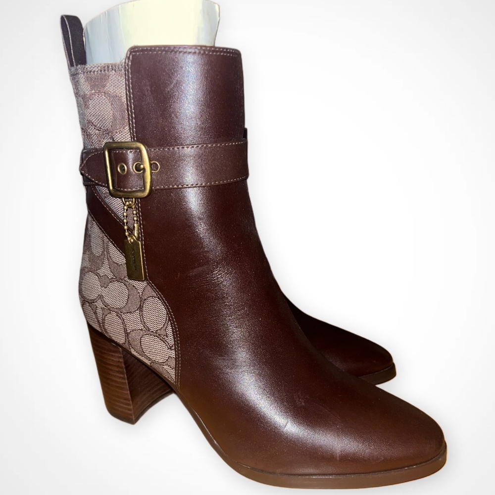COACH Olivia Jacquard Signature Brown Ankle Booties Boots